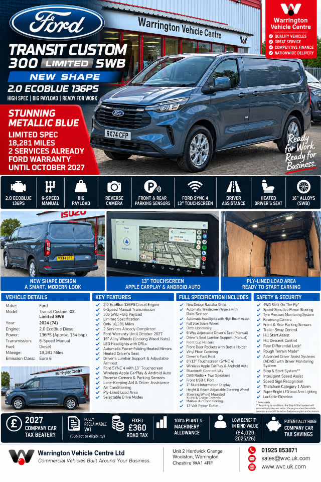 2024 Ford Transit Custom 2.0 EcoBlue 136ps H1 Van Limited